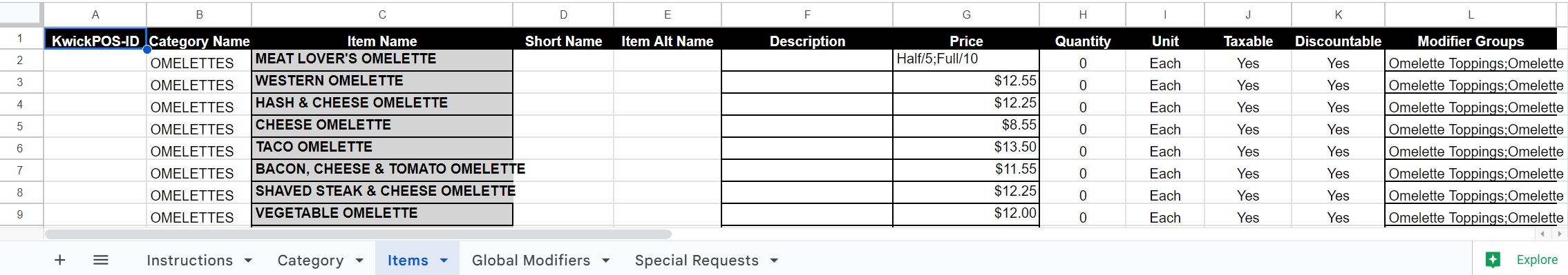 Build Menu in Excel